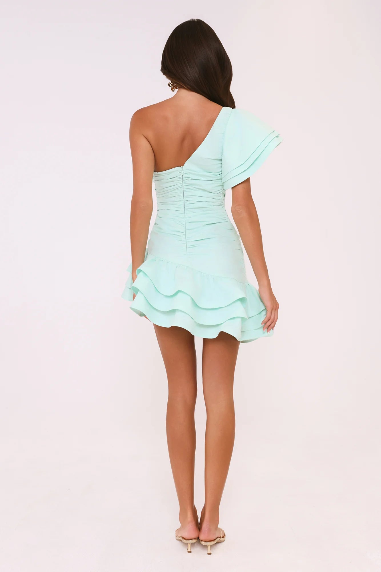 Mint Green One Shoulder Ruffle Ruched Mini Evening Dresses