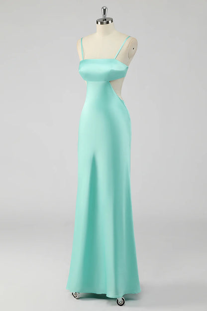 Mint Green Sheath Spaghetti Straps Long Bridesmaid Dress with Open Back