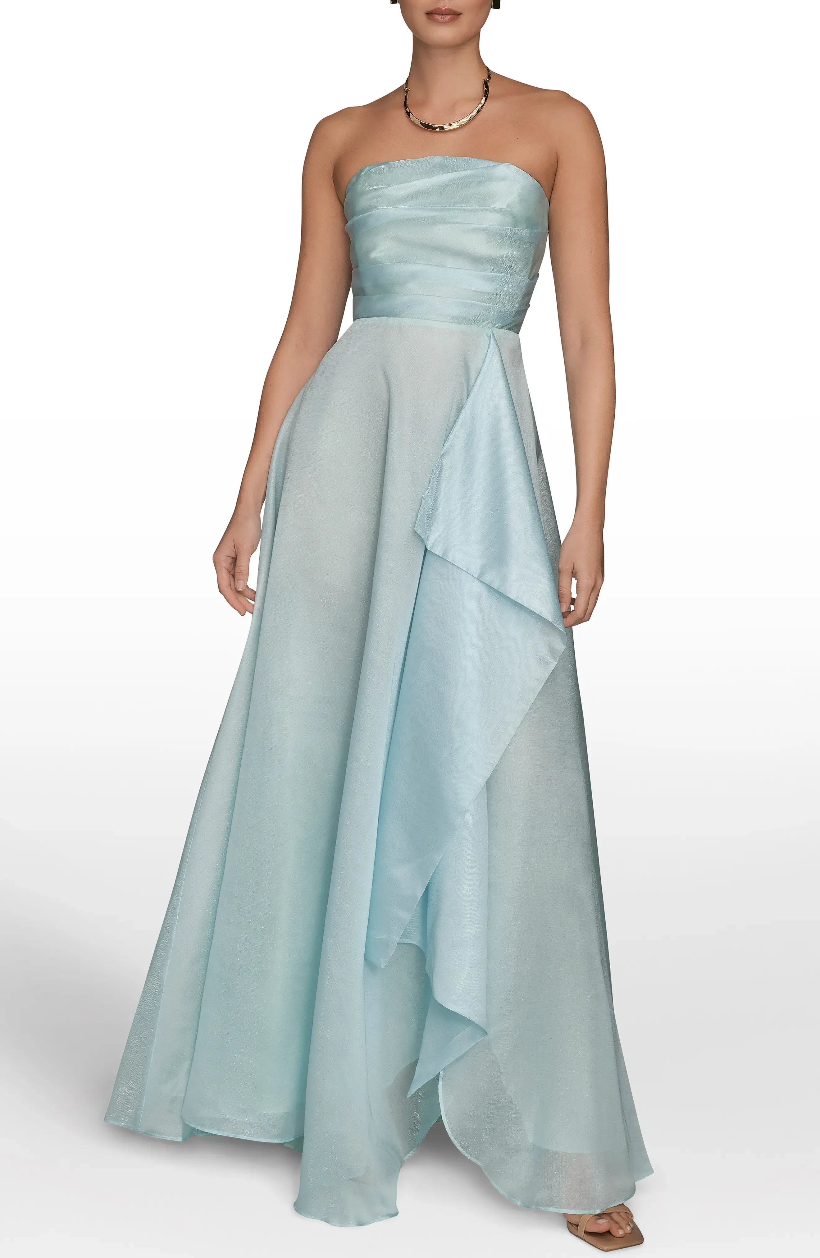 Mint Green Strapless Draped Organza A-Line Evening Dresses