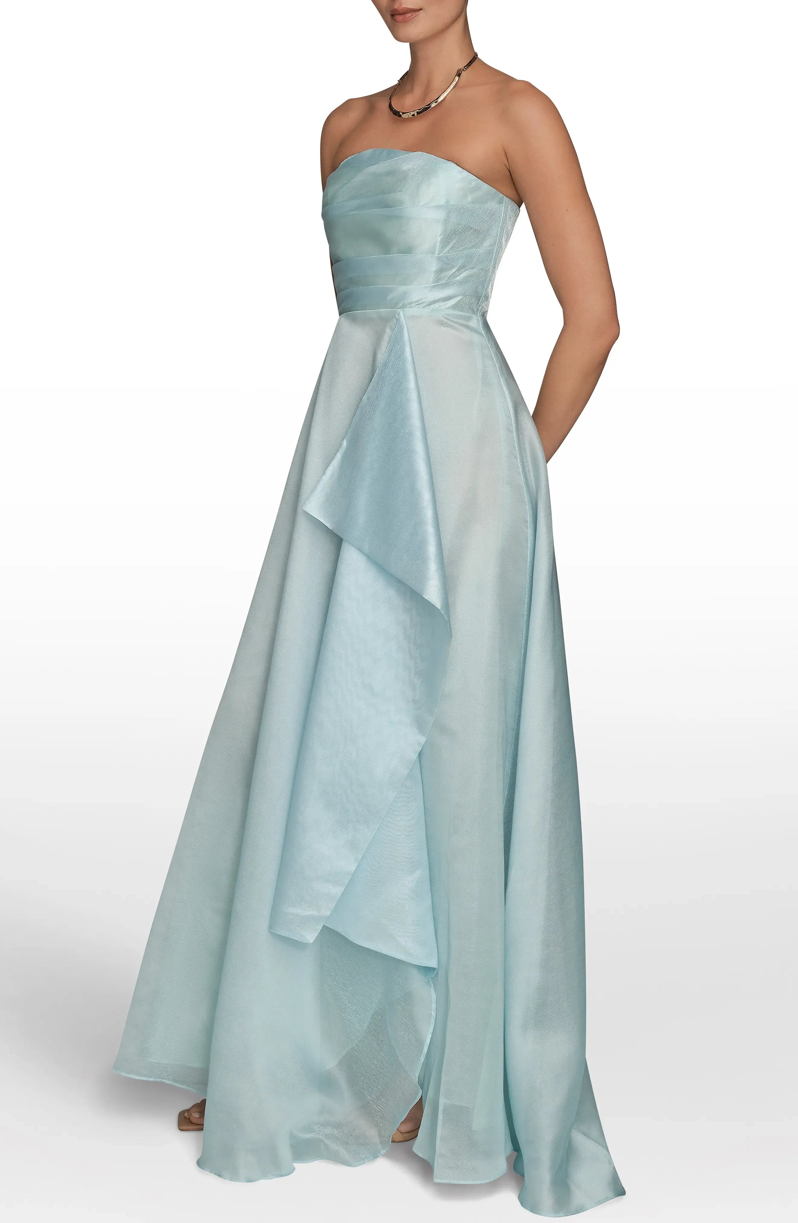Mint Green Strapless Draped Organza A-Line Evening Dresses