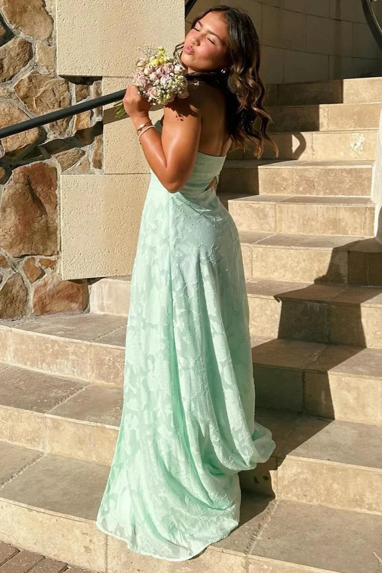 Mint Green Strapless Floral Jacquard Maxi Dress with Back Cutout & Slit