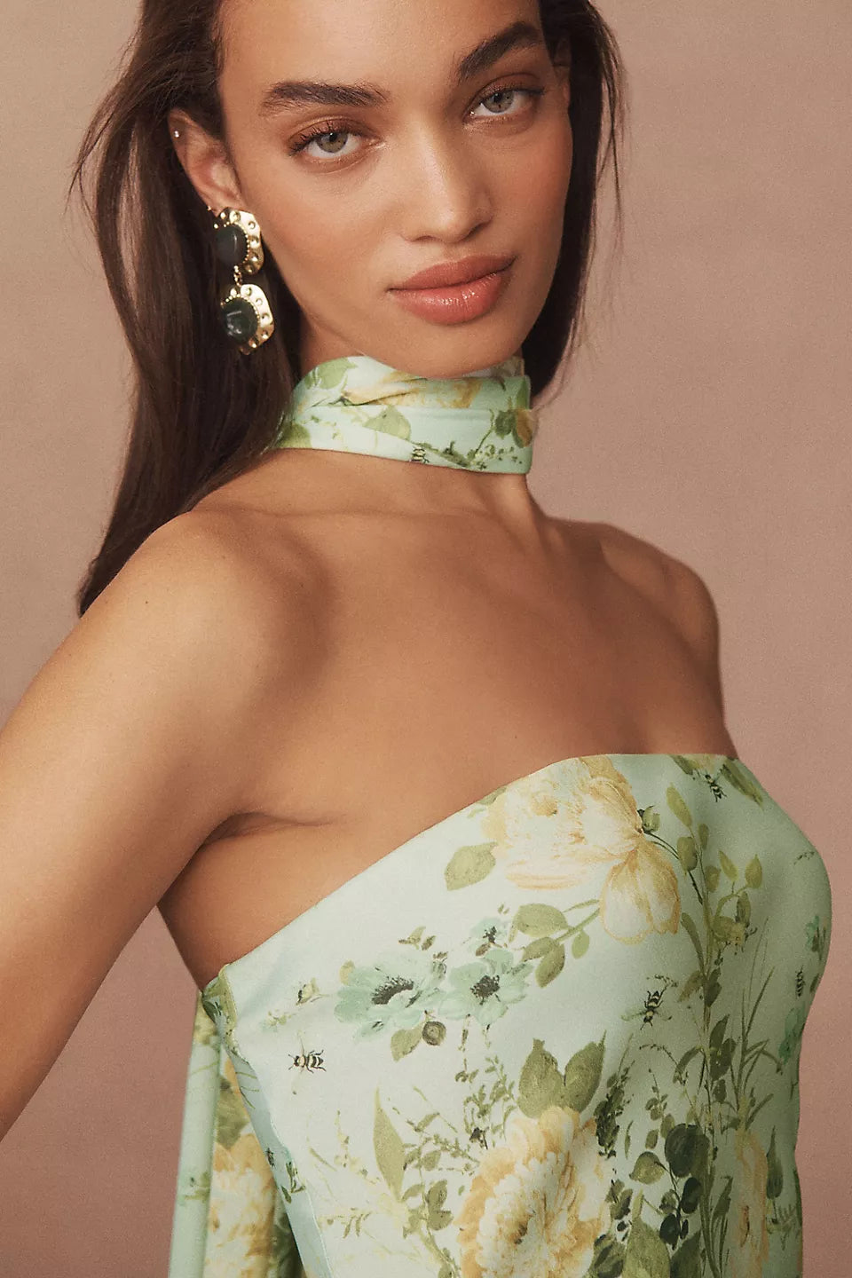 Mint Green Strapless Floral Print Satin Choker Neckline Asymmetric Hem Midi Evening Dresses