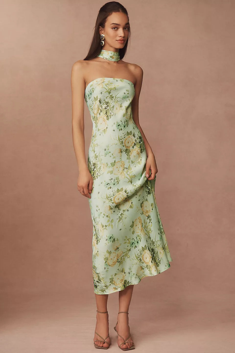 Mint Green Strapless Floral Print Satin Choker Neckline Asymmetric Hem Midi Evening Dresses