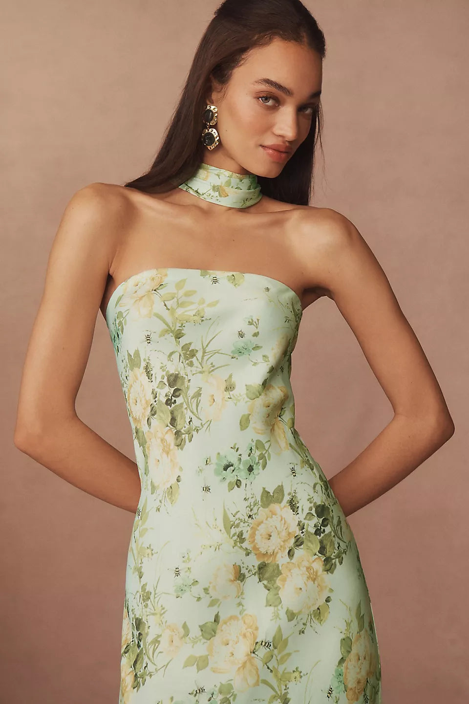 Mint Green Strapless Floral Print Satin Choker Neckline Asymmetric Hem Midi Evening Dresses