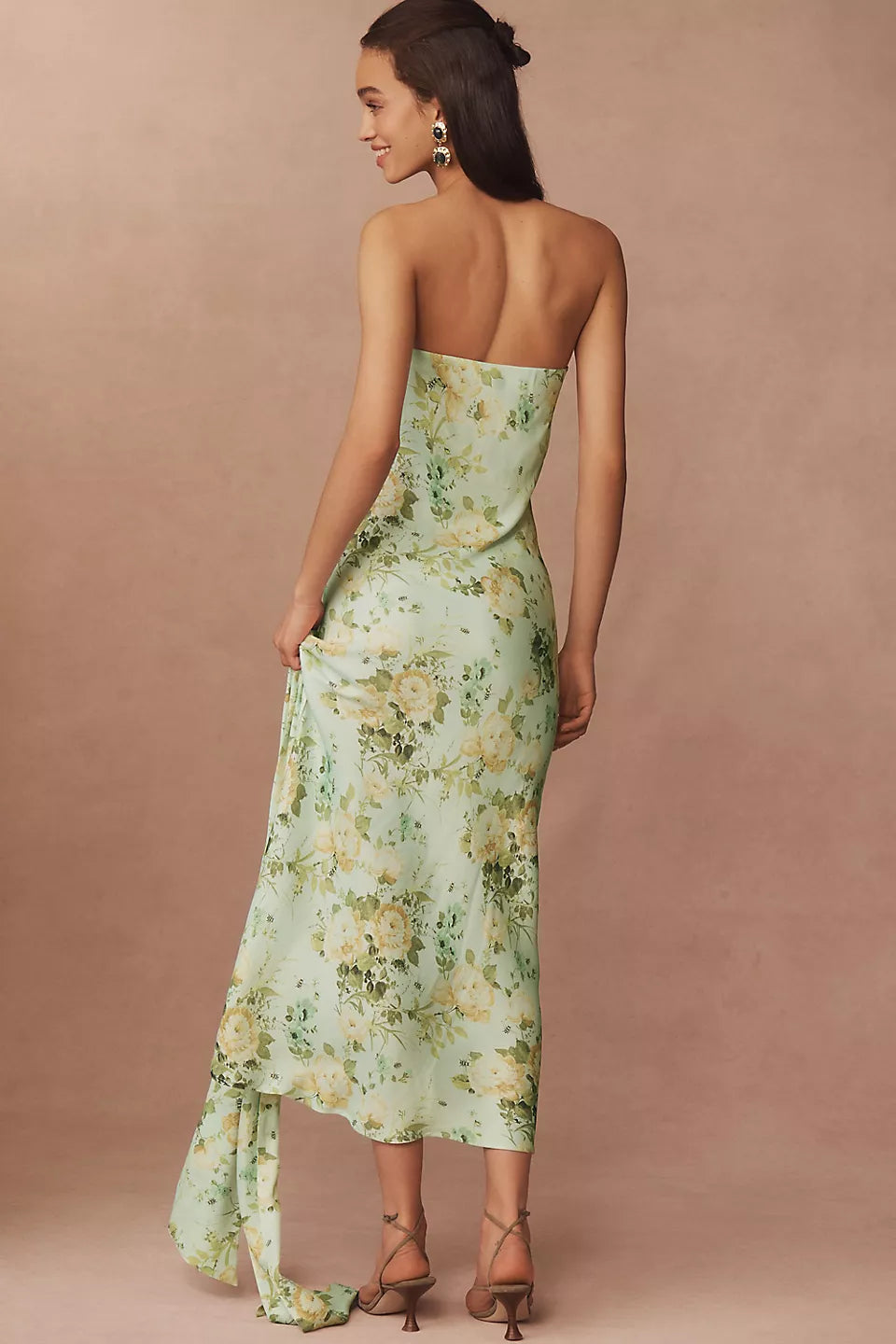 Mint Green Strapless Floral Print Satin Choker Neckline Asymmetric Hem Midi Evening Dresses
