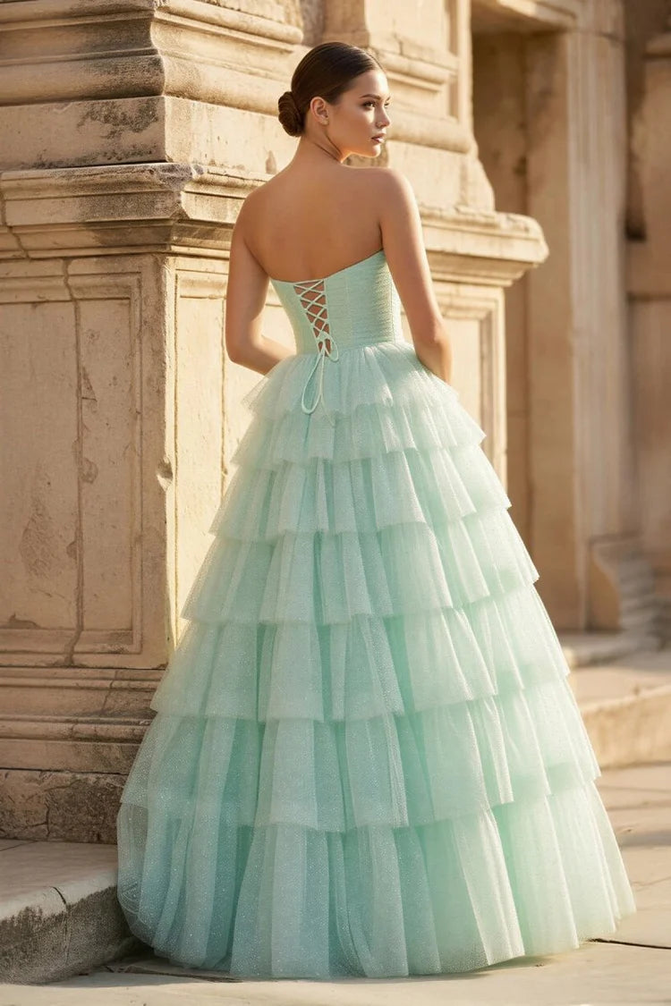 Mint Green Strapless Glitter Tiered Tulle Maxi Evening Dresses