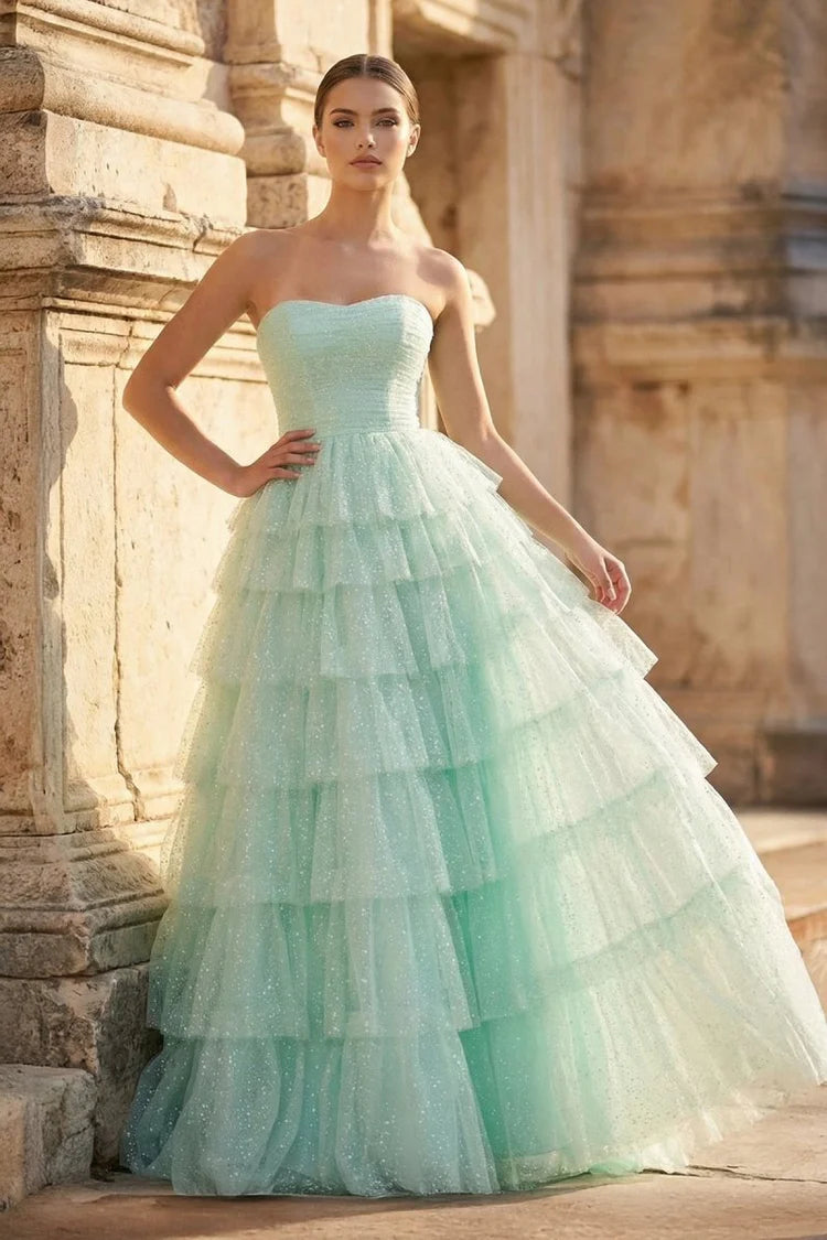 Mint Green Strapless Glitter Tiered Tulle Maxi Evening Dresses