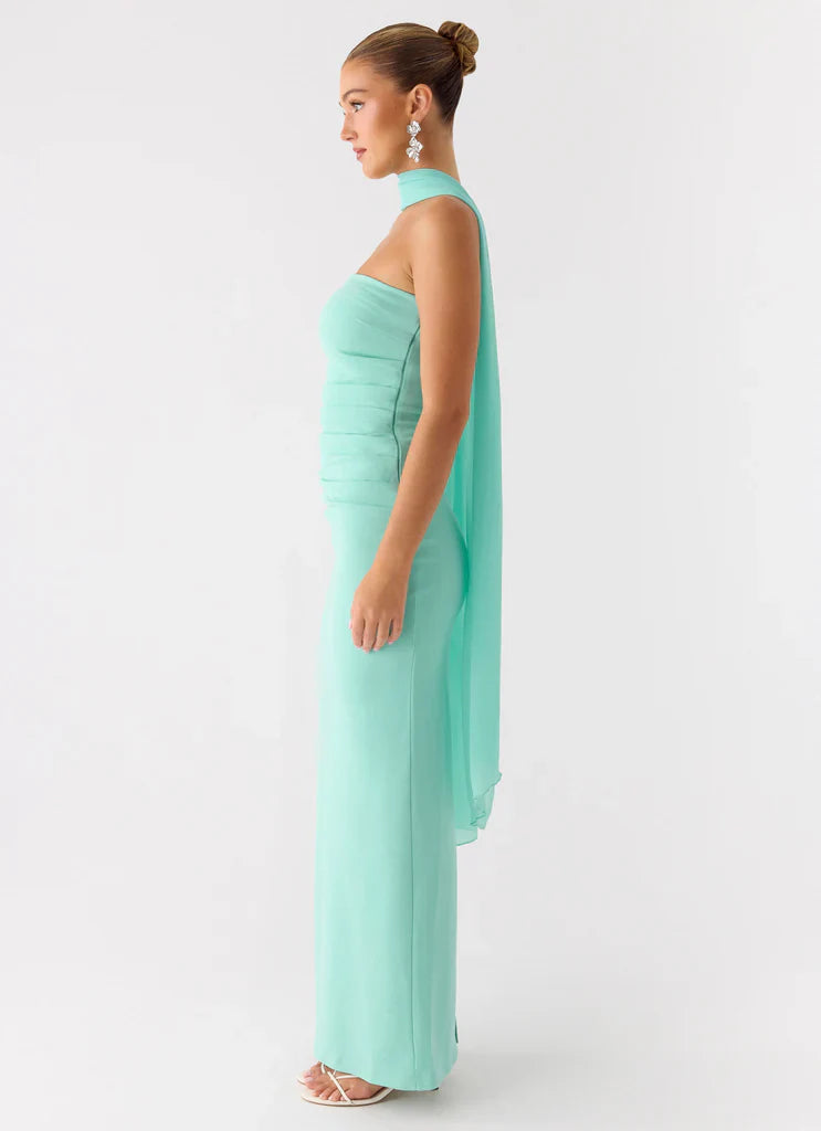 Mint Green Strapless Halter Neck Ruched Maxi Prom Dress For Elegant Formal Evening Events