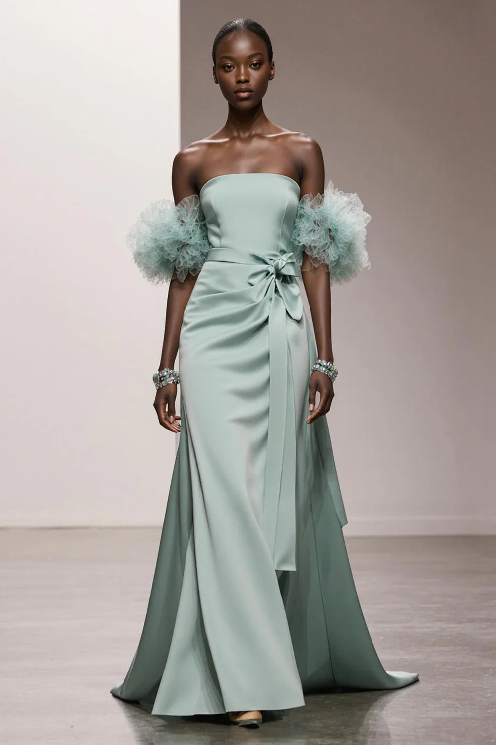 Mint Green Strapless Tulle Puff Sleeve Bow Waist Evening Dresses