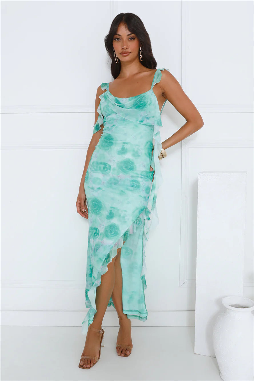 Mint Green Tie-Dye Ruffle Detail Cowl Neck Backless Maxi Evening Dresses