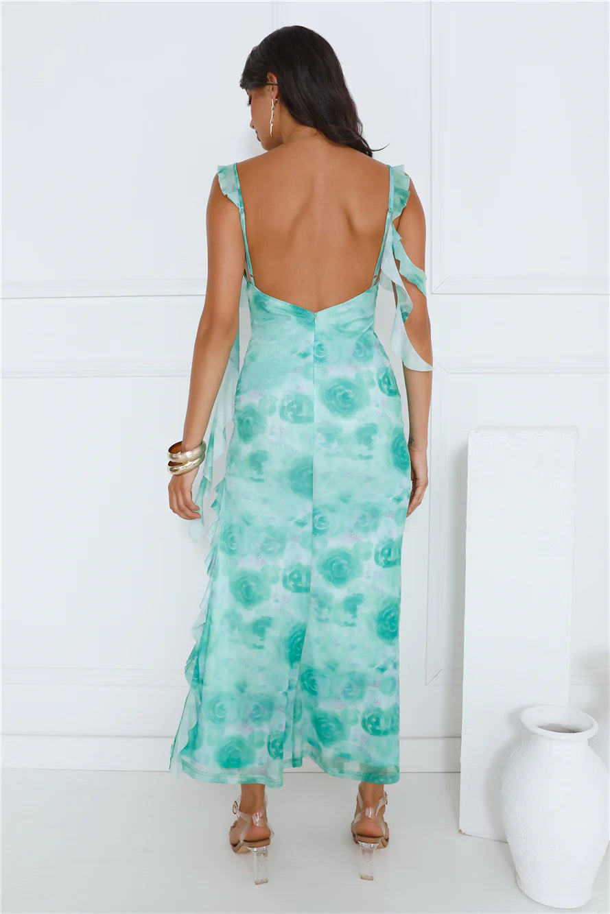 Mint Green Tie-Dye Ruffle Detail Cowl Neck Backless Maxi Evening Dresses