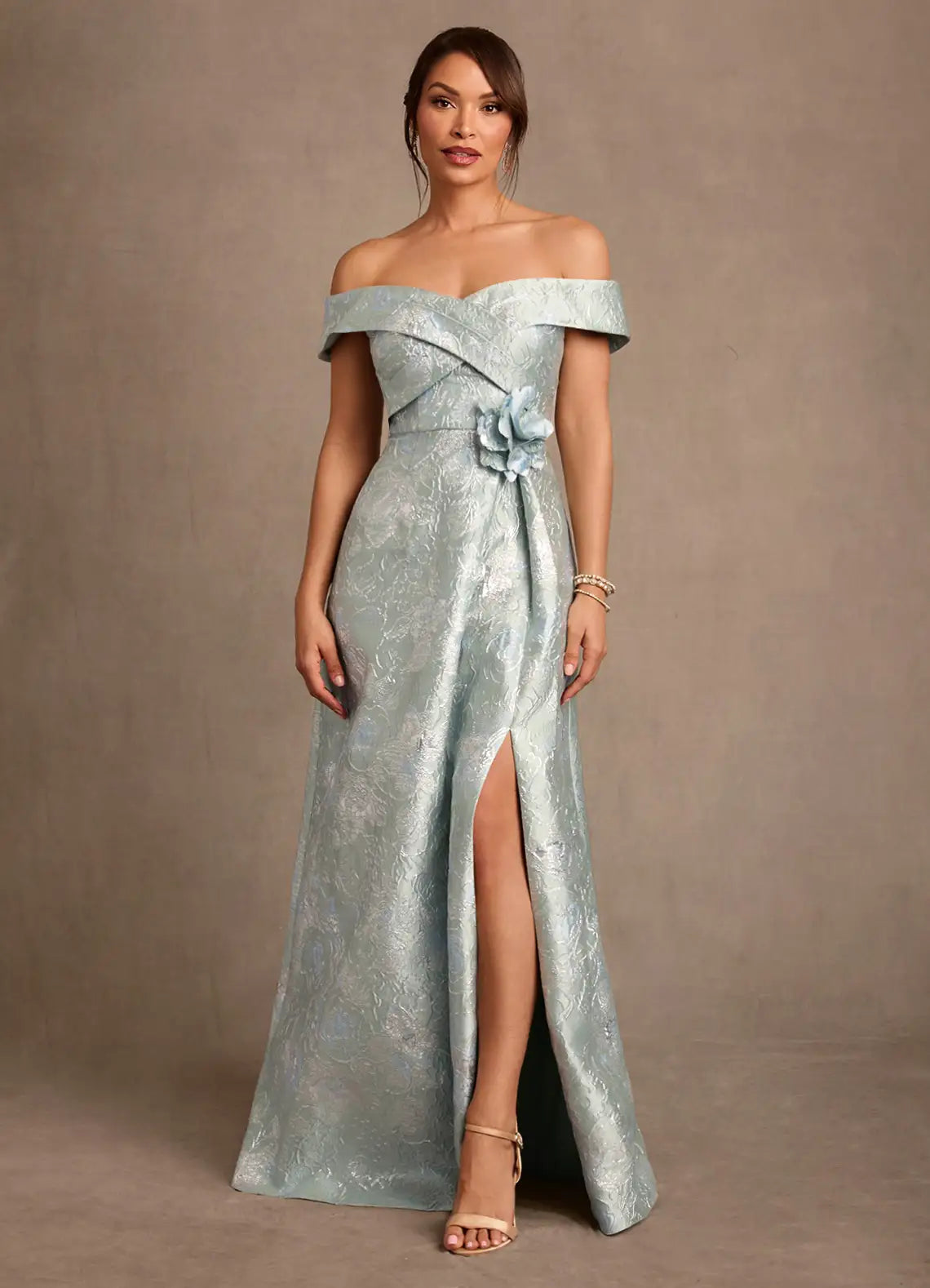 Mint Off-the-Shoulder Jacquard Maxi Evening Dresses