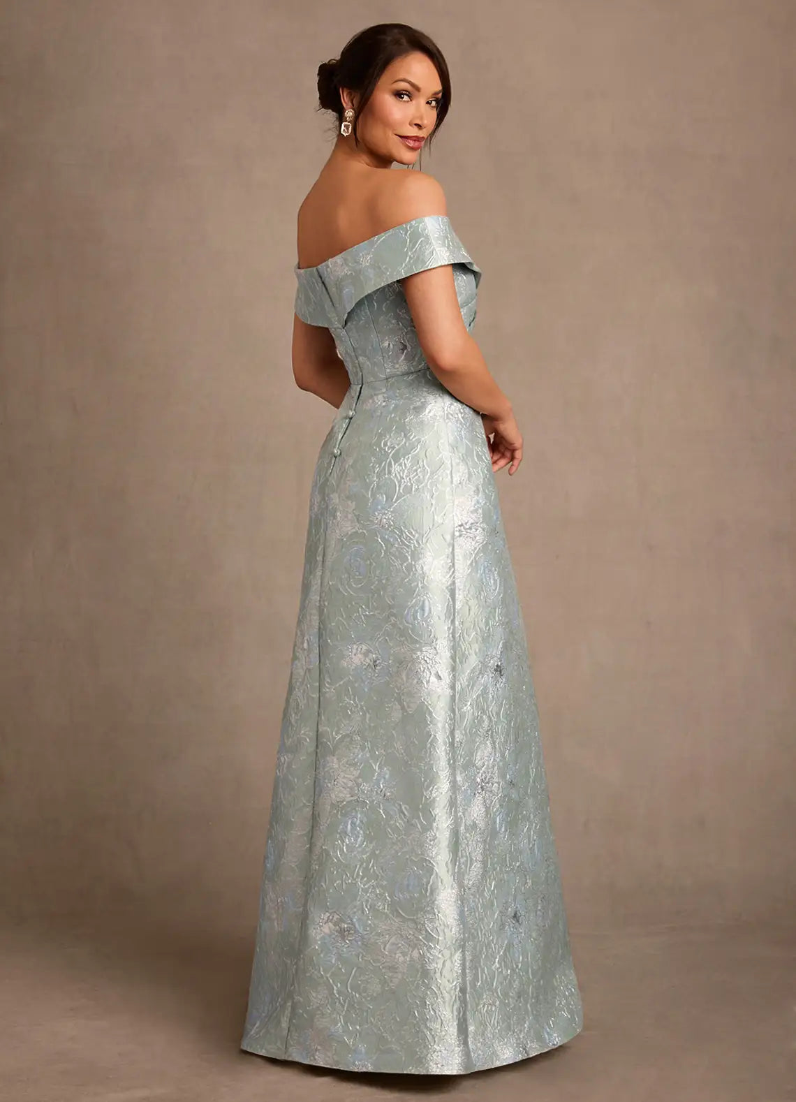 Mint Off-the-Shoulder Jacquard Maxi Evening Dresses