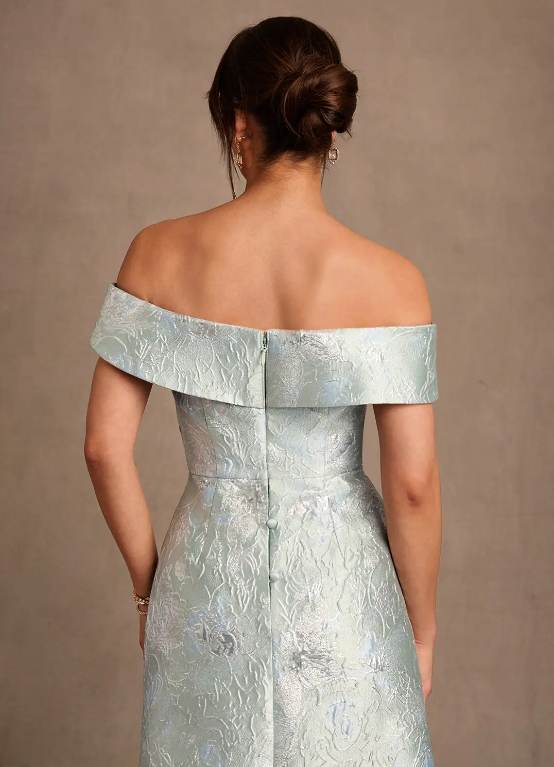 Mint Off-the-Shoulder Jacquard Maxi Evening Dresses