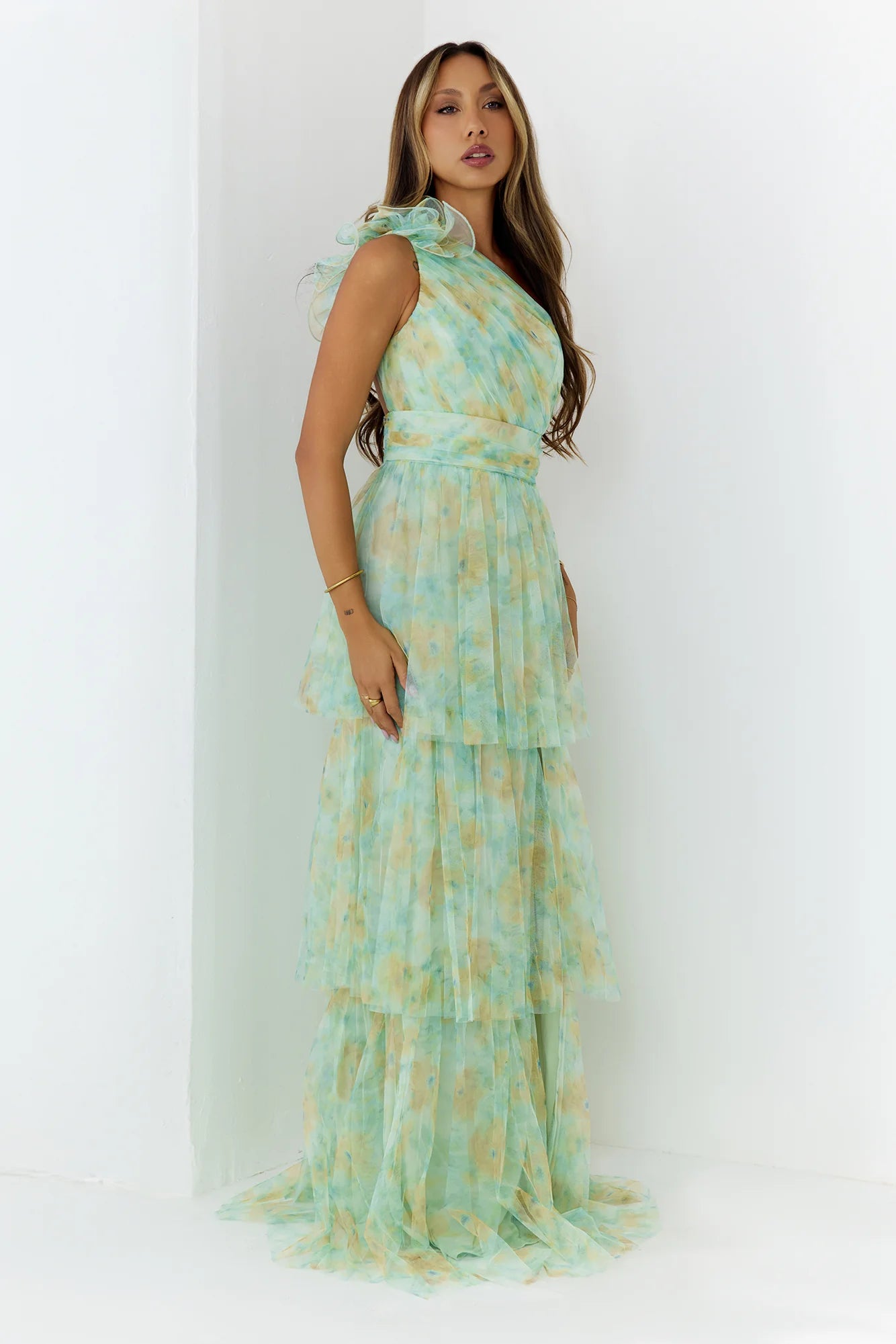 Mint One-Shoulder Tie-Dye Tulle Tiered Maxi Dresses