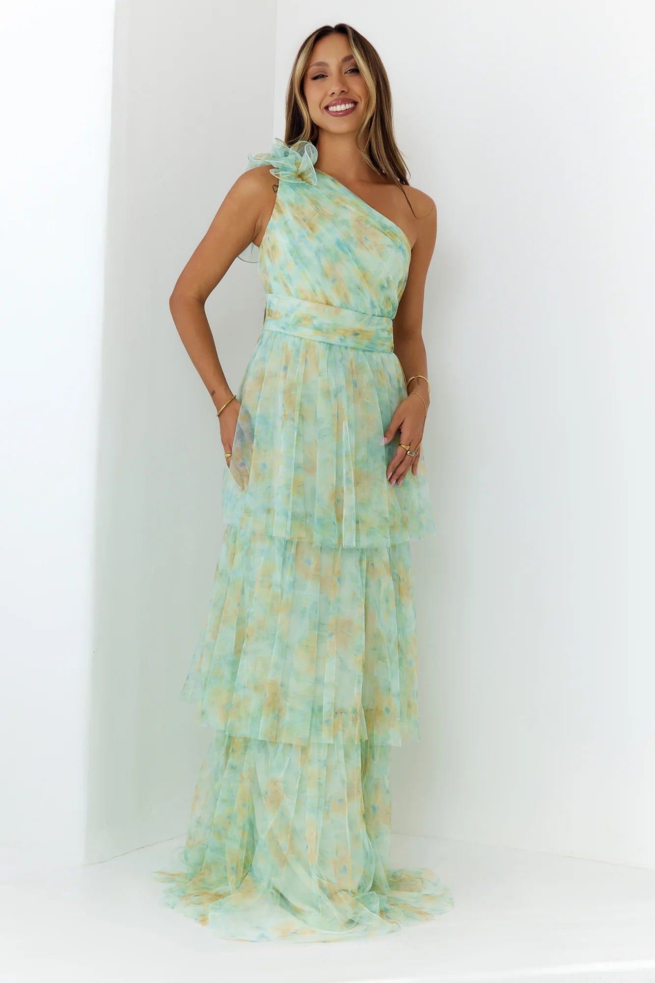 Mint One-Shoulder Tie-Dye Tulle Tiered Maxi Dresses