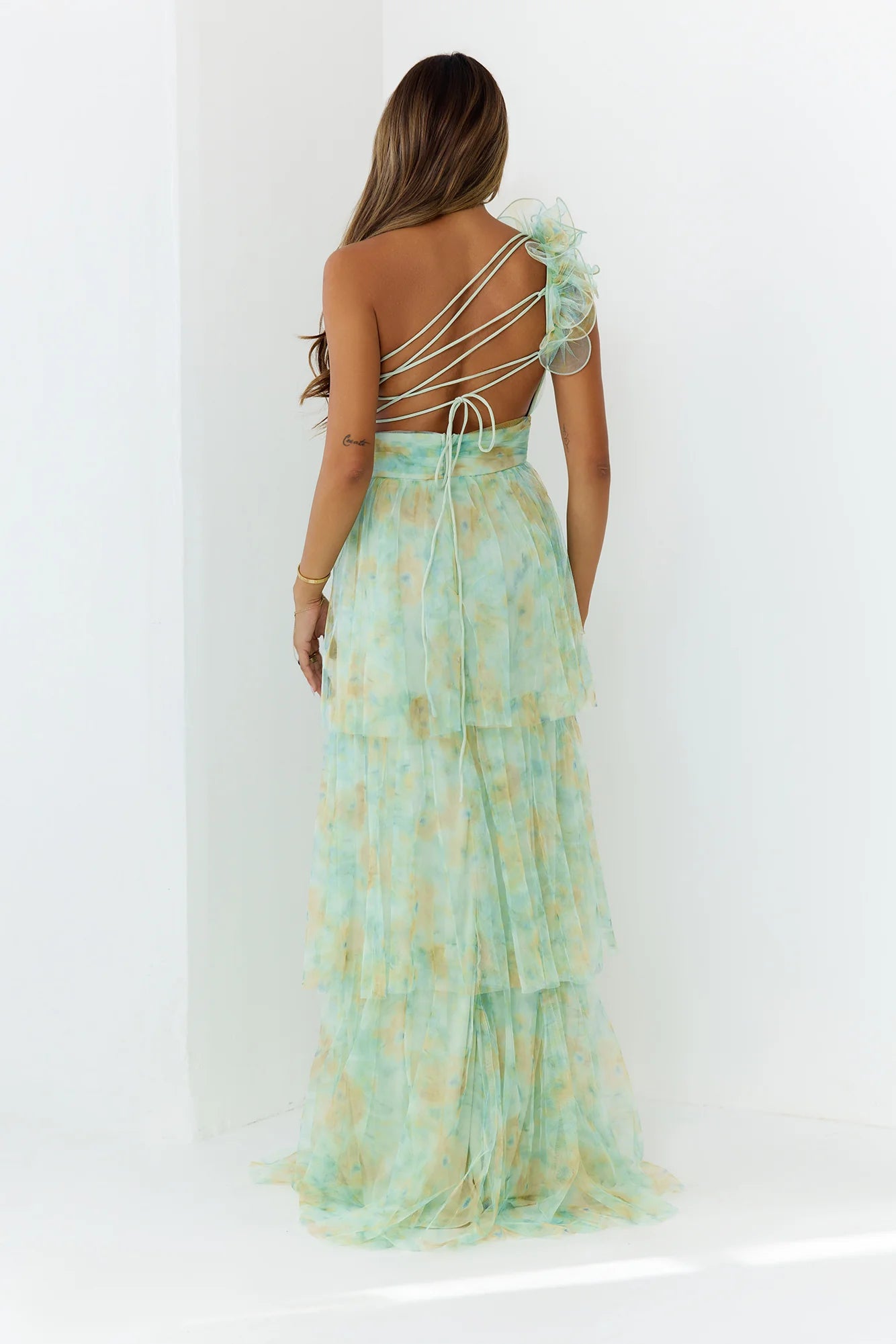 Mint One-Shoulder Tie-Dye Tulle Tiered Maxi Dresses