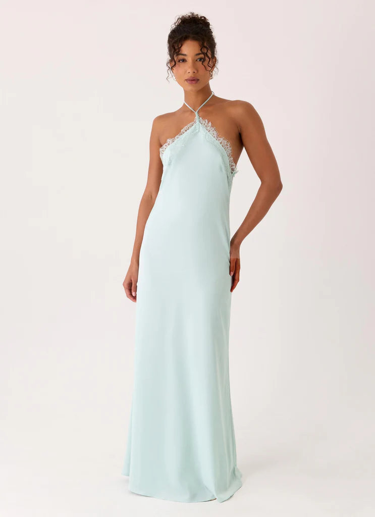 Mint Satin Lace Trim Halter Neck Maxi Evening Dresses