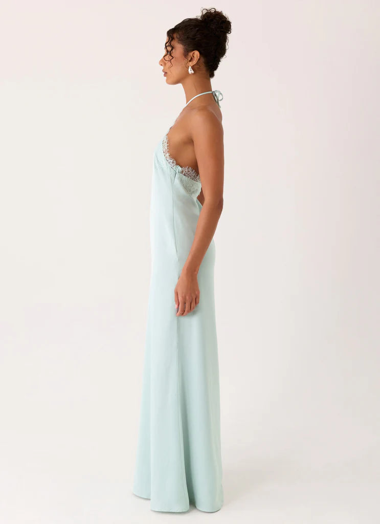 Mint Satin Lace Trim Halter Neck Maxi Evening Dresses