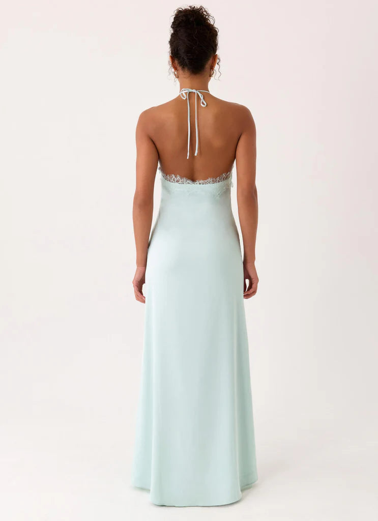 Mint Satin Lace Trim Halter Neck Maxi Evening Dresses