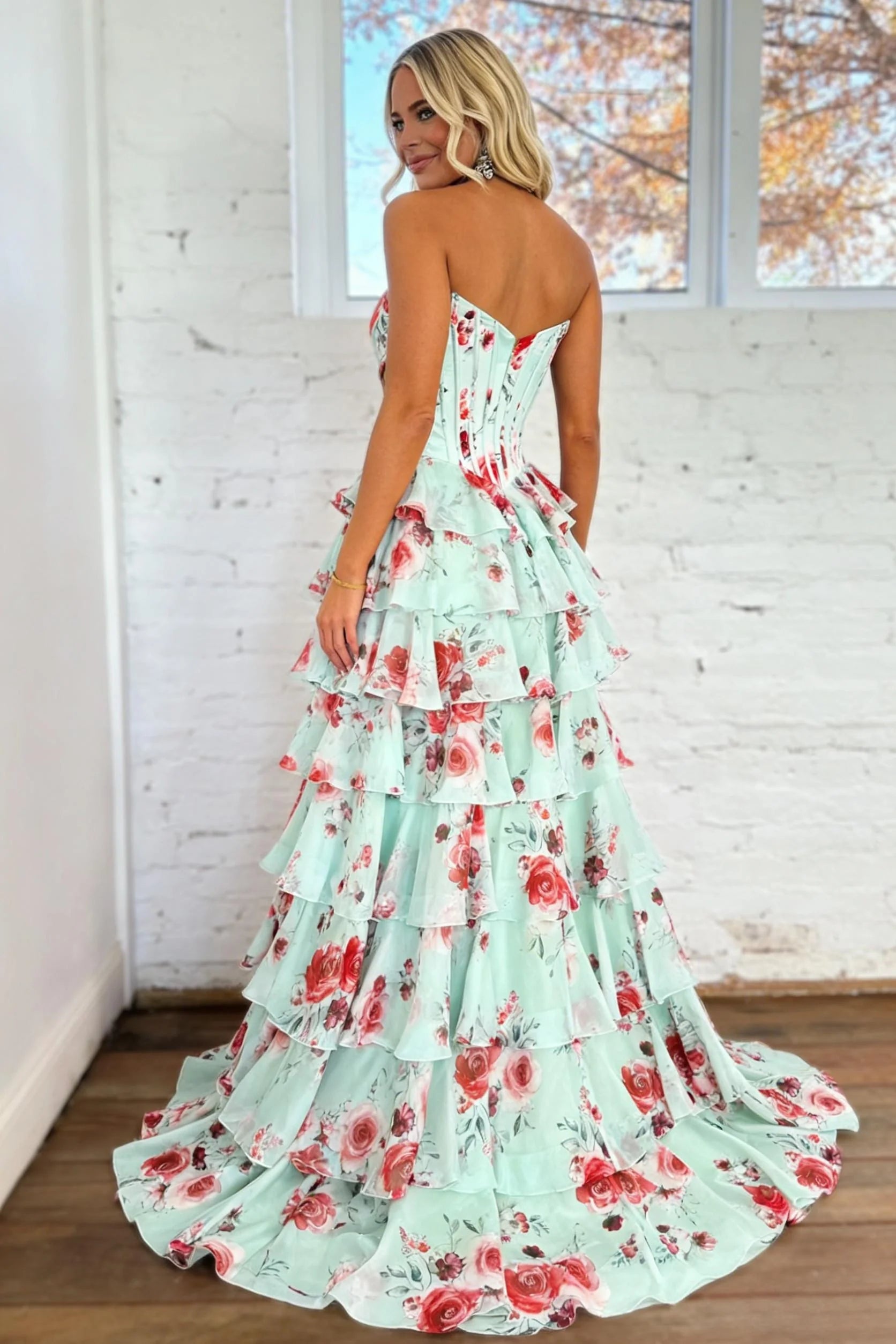 Mint Strapless Floral Corset Tiered Ruffle Maxi Dresses