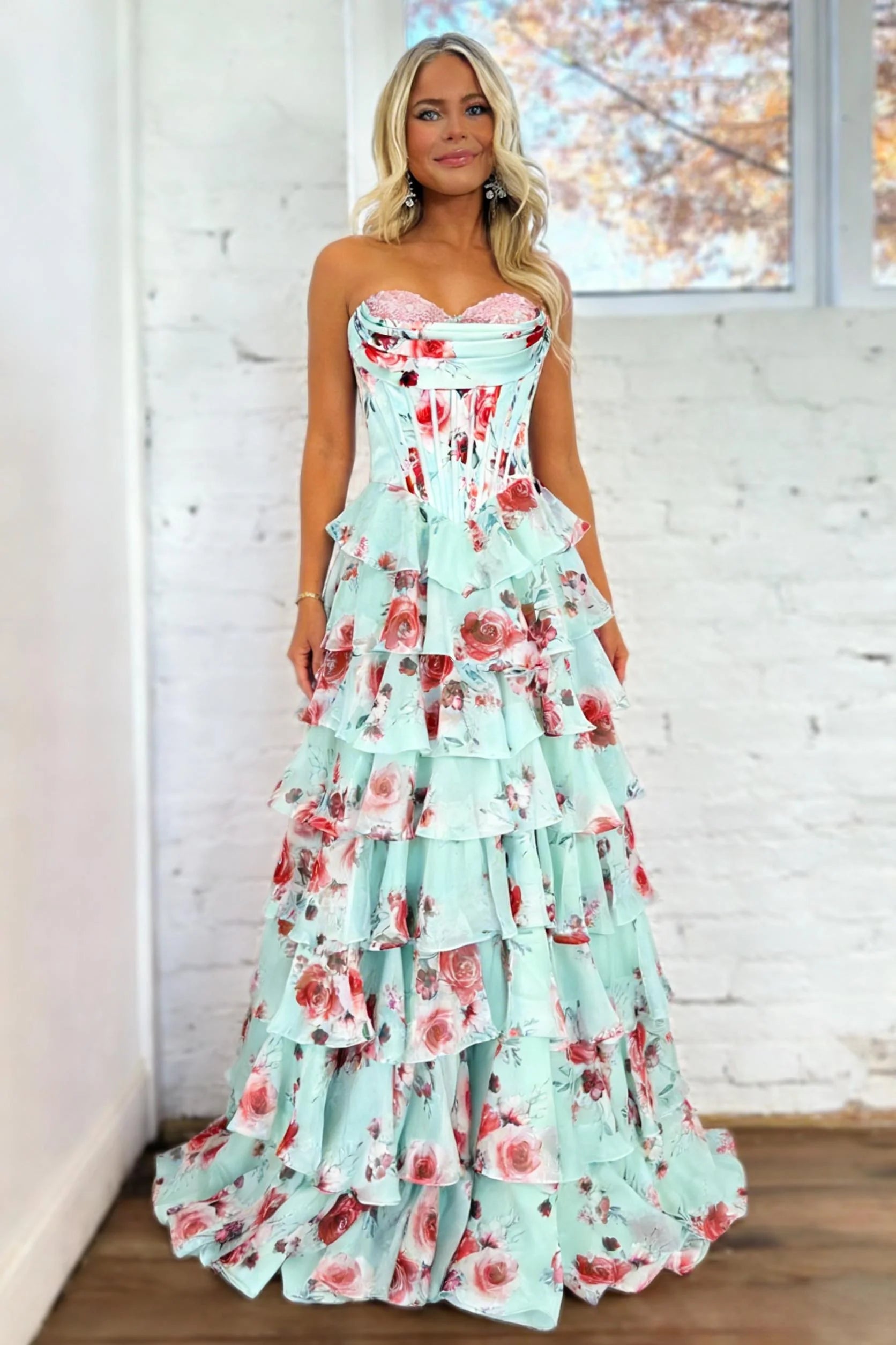 Mint Strapless Floral Corset Tiered Ruffle Maxi Dresses