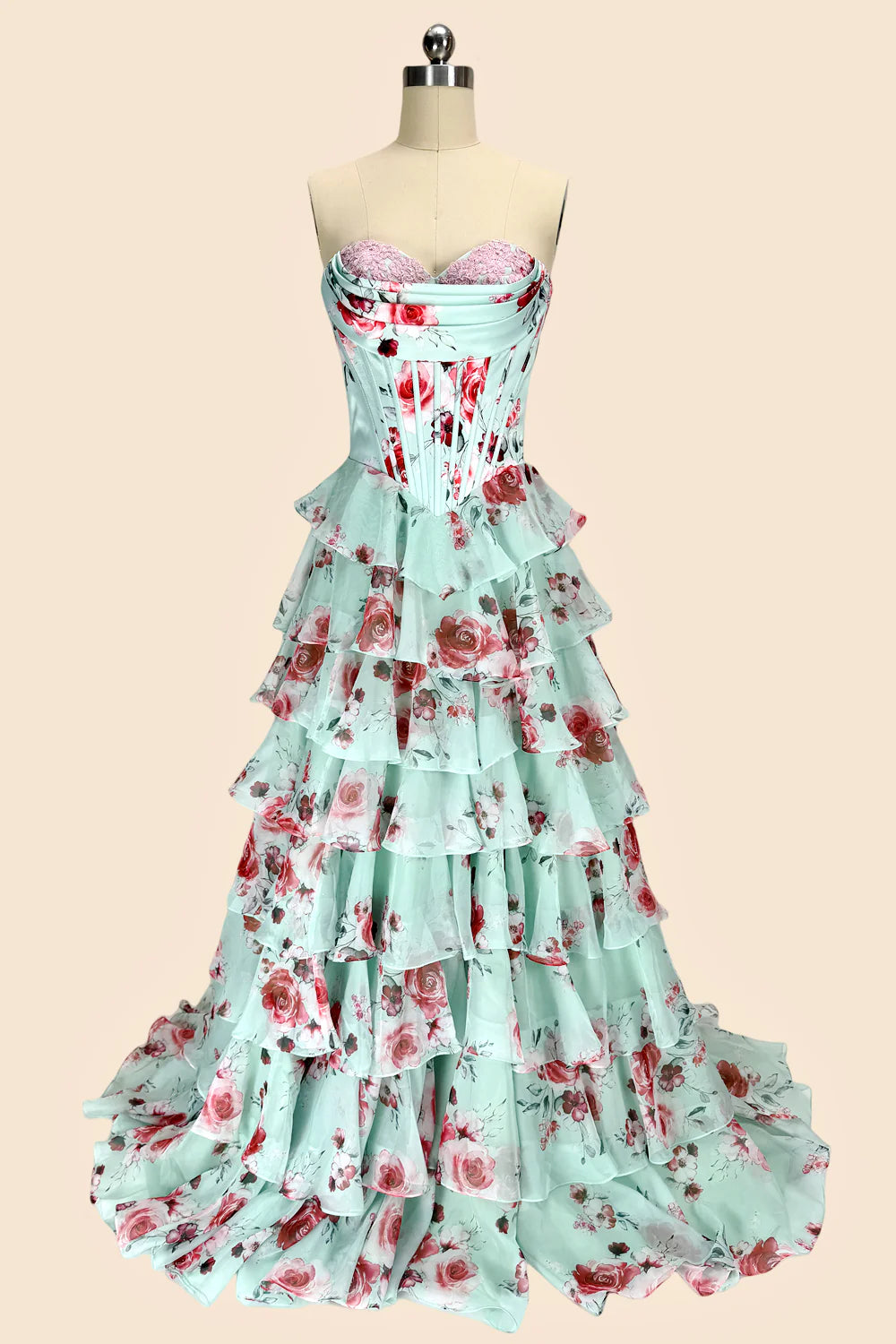 Mint Strapless Floral Corset Tiered Ruffle Maxi Dresses