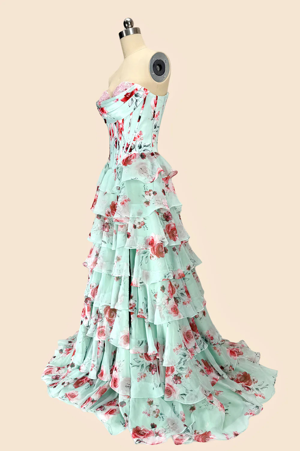 Mint Strapless Floral Corset Tiered Ruffle Maxi Dresses