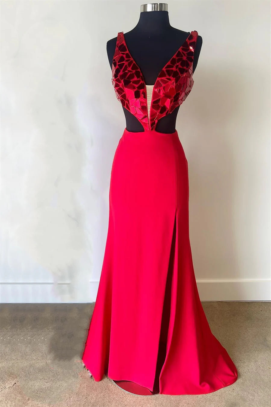 Mirror-Sequins Plunging V Neck Long Prom Dress with Slit