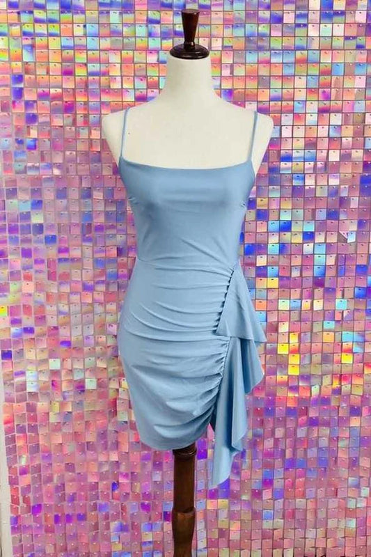 Misty Blue Straps Ruffles Tight Party Dress