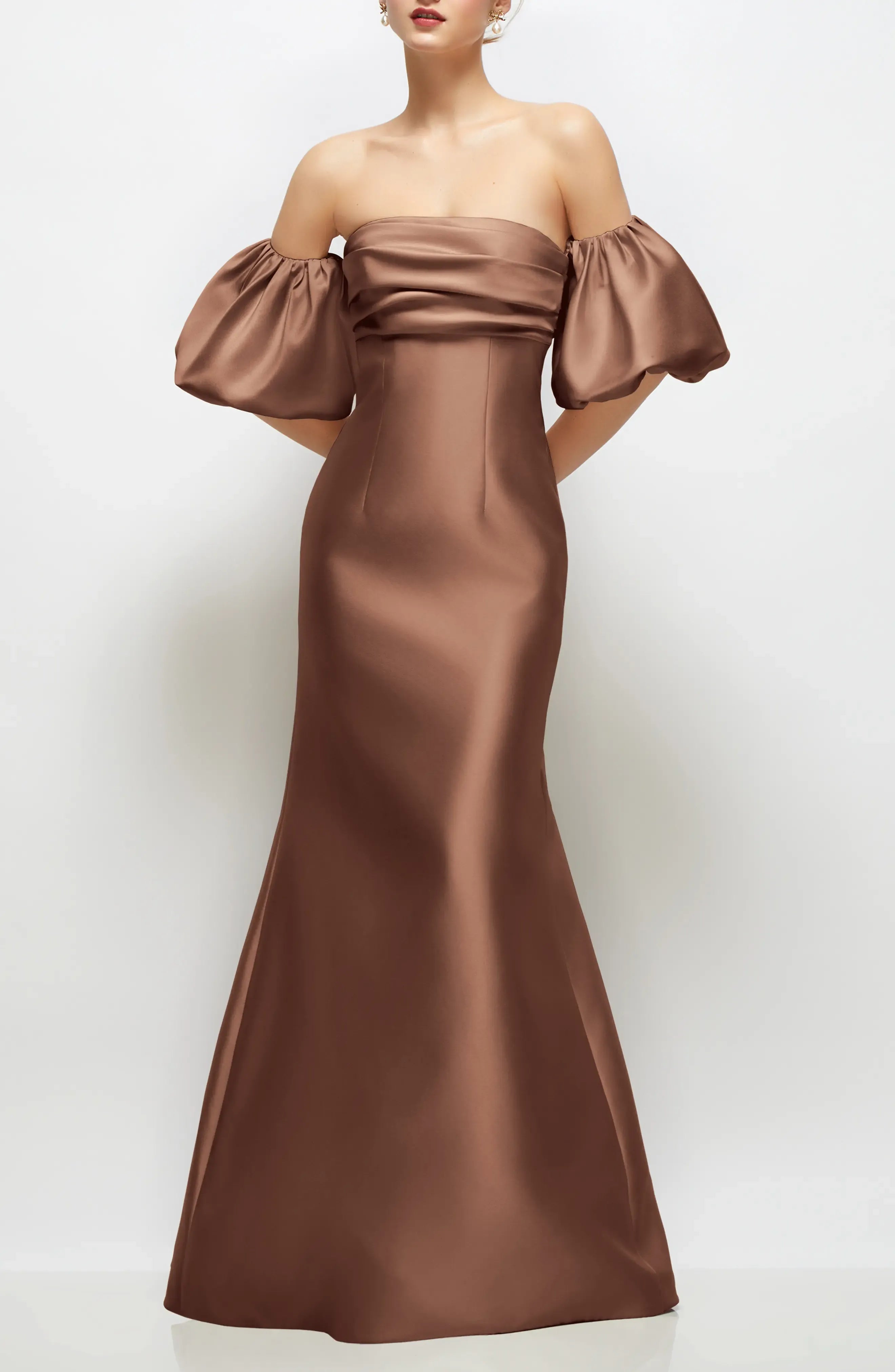 Mocha Brown Off-the-Shoulder Puff Sleeve Satin Mermaid Evening Dresses