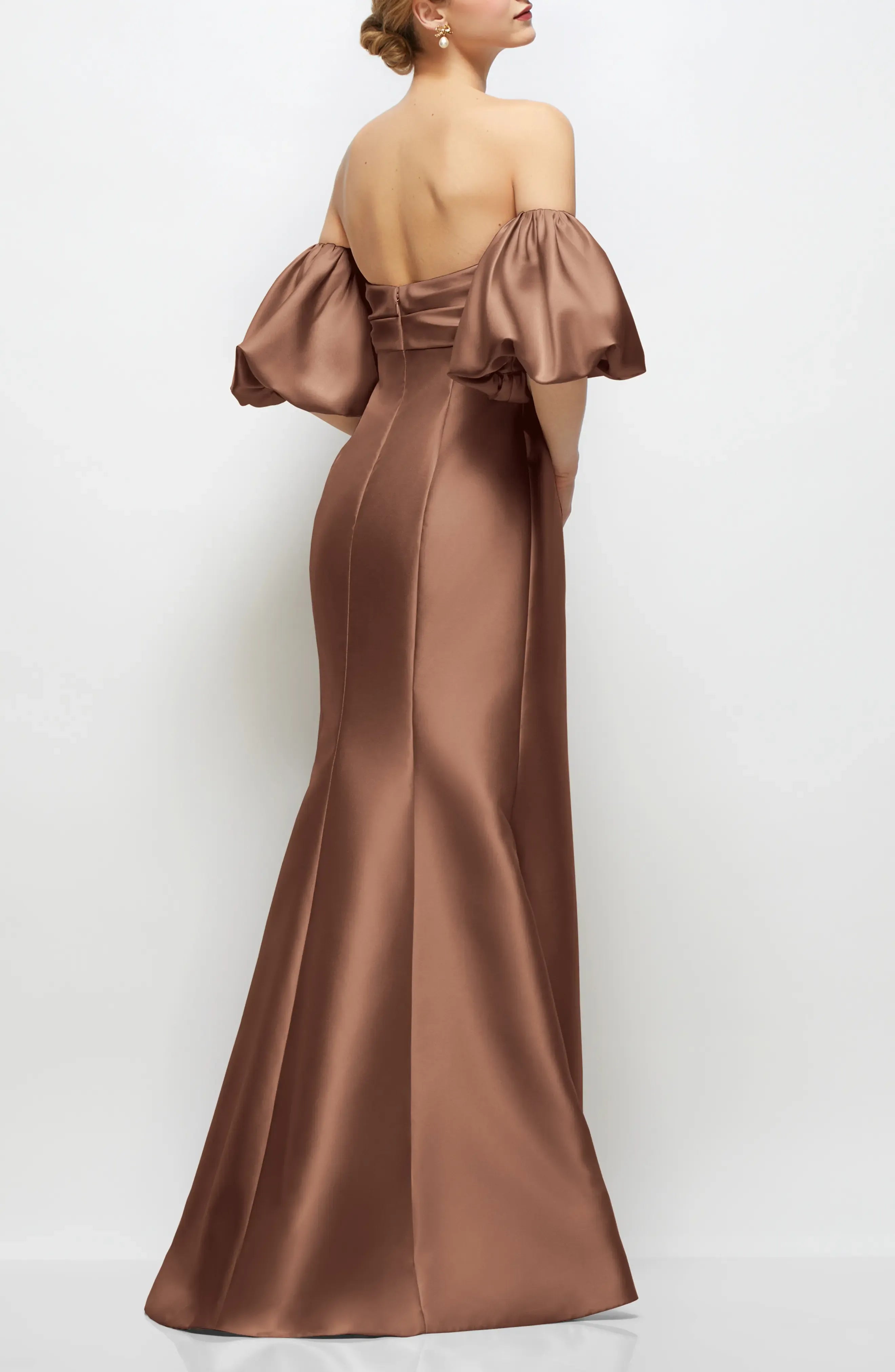 Mocha Brown Off-the-Shoulder Puff Sleeve Satin Mermaid Evening Dresses