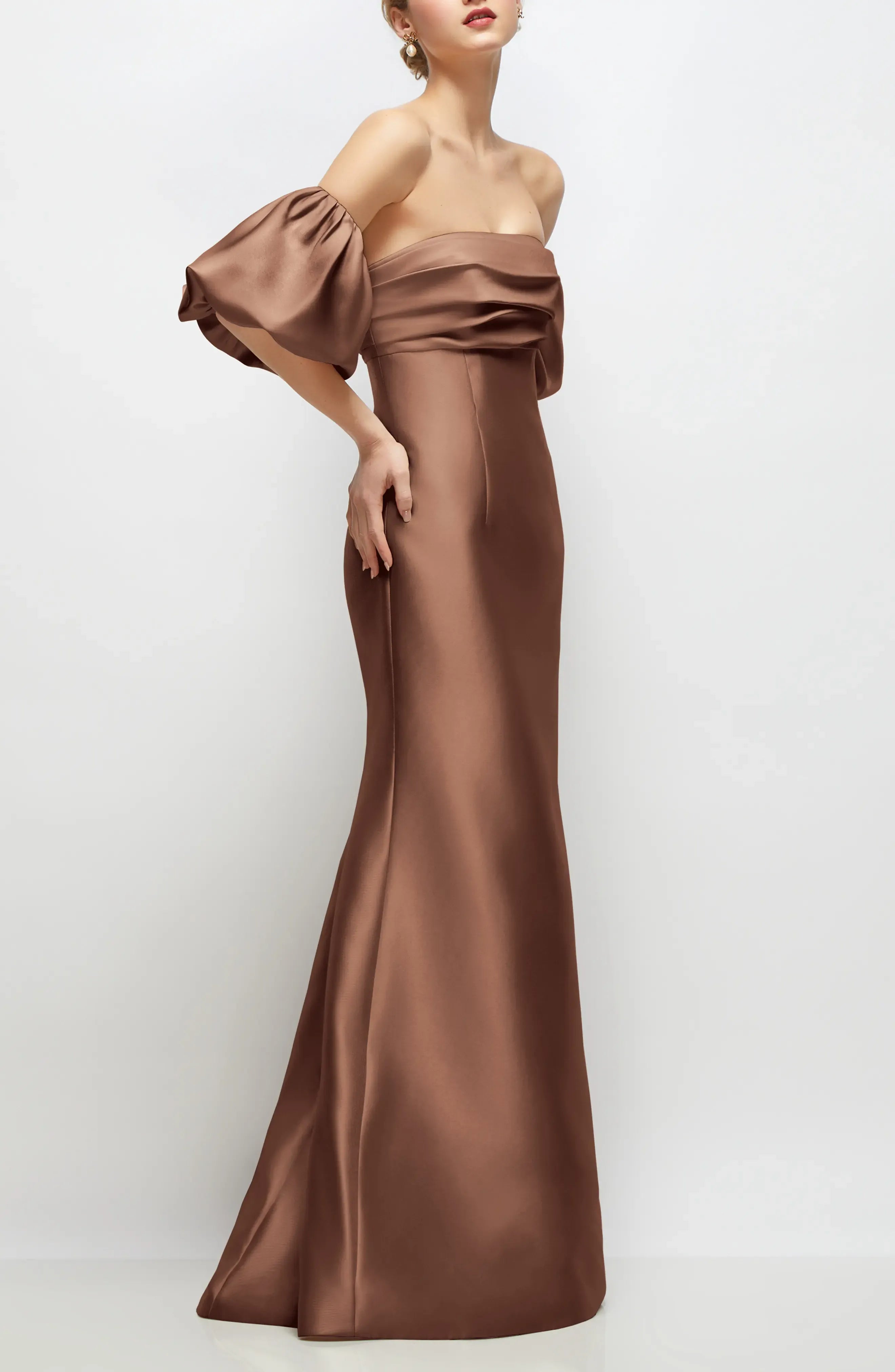Mocha Brown Off-the-Shoulder Puff Sleeve Satin Mermaid Evening Dresses
