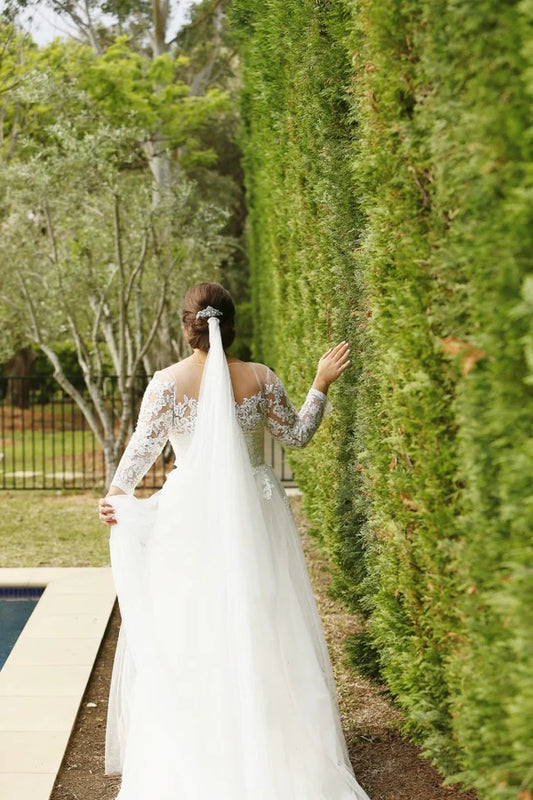 Modest Delicate Long Sleeves A Line Ivory Lace Tulle Plus Size Wedding Dresses For Bride