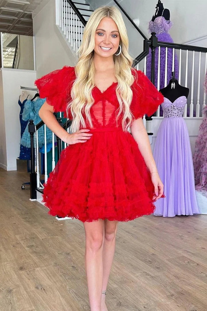 Red A-line tulle homecoming dress with V-neck and long sleeves.