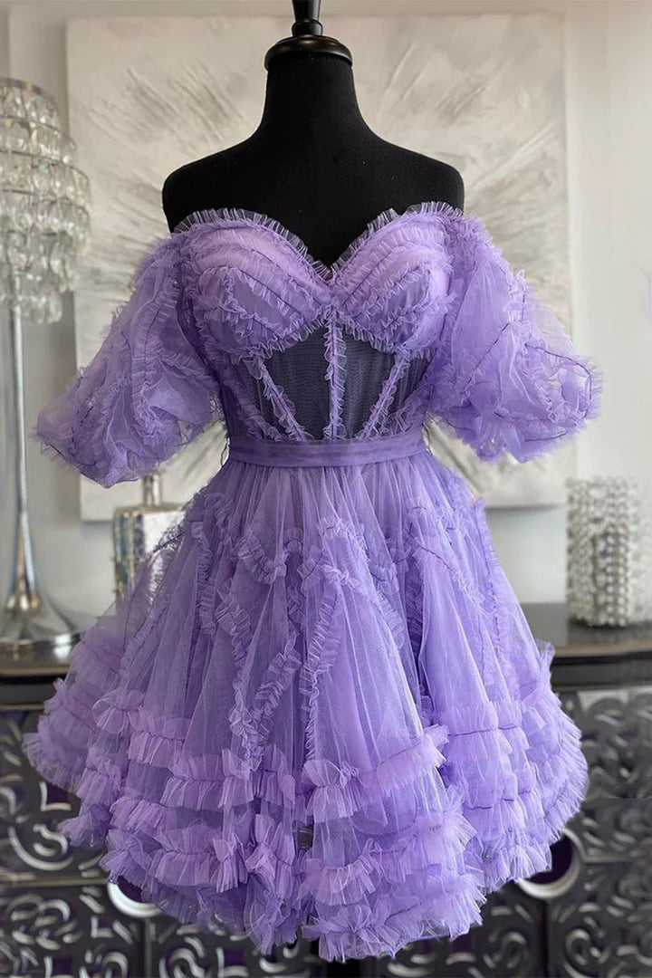 Lilac A-line tulle homecoming dress with V-neck and long sleeves.