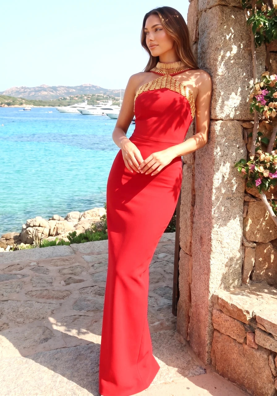 Multi-Color Halter Neck Gold Beaded Evening Dresses