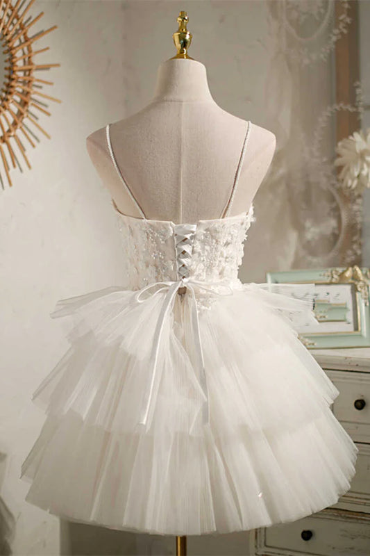 Multi-Tiered White V-Neck Short Party Dress
