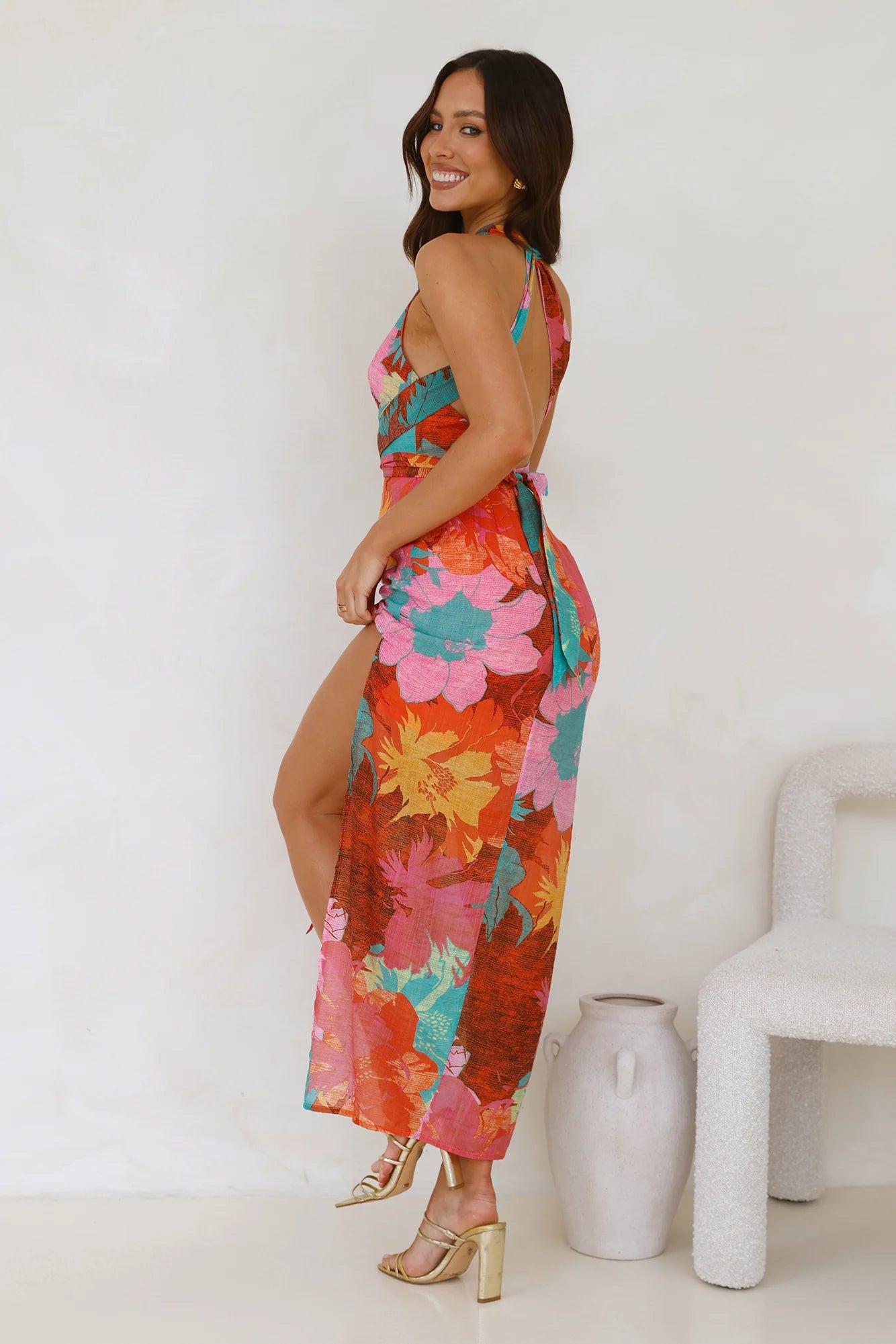 Multicolor Tropical Floral Halter Neck Backless Maxi Evening Dresses