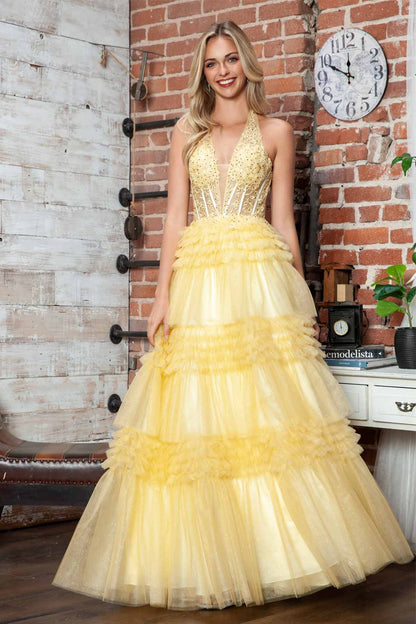 Multi layered chiffon cake dress with neck strap and deep V-neckline, side slit dress