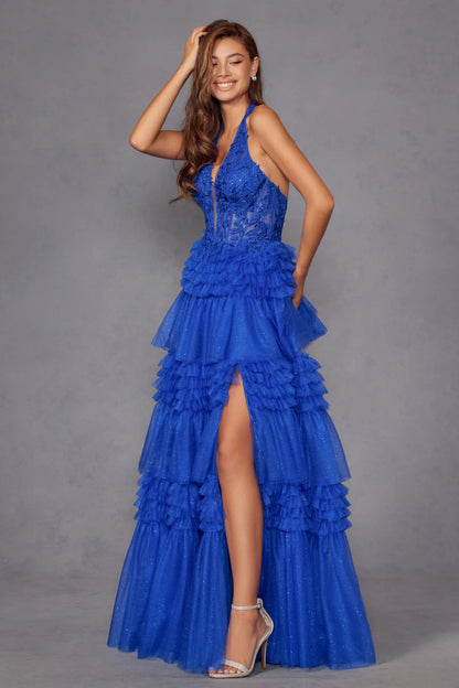 Multi layered chiffon cake dress with neck strap and deep V-neckline, side slit dress