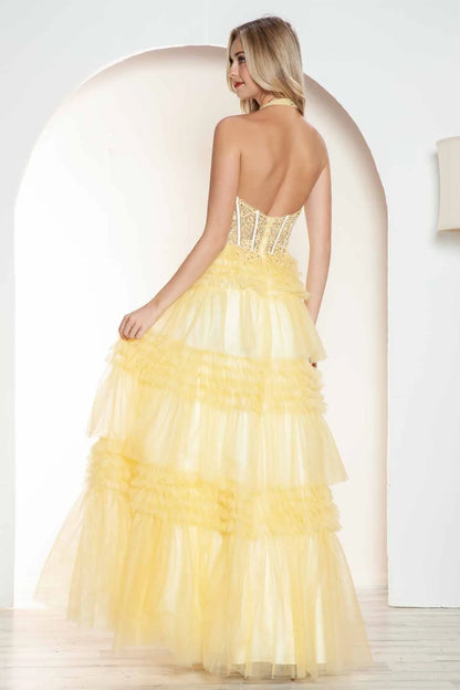 Multi layered chiffon cake dress with neck strap and deep V-neckline, side slit dress