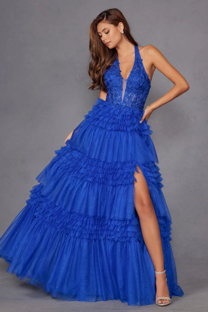 Multi layered chiffon cake dress with neck strap and deep V-neckline, side slit dress
