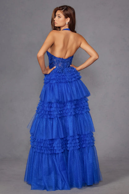 Multi layered chiffon cake dress with neck strap and deep V-neckline, side slit dress
