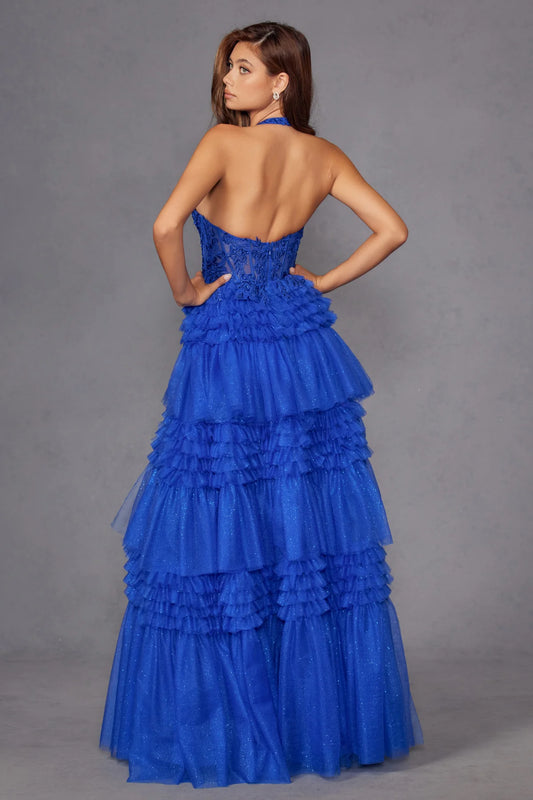 Multi layered chiffon cake dress with neck strap and deep V-neckline, side slit dress