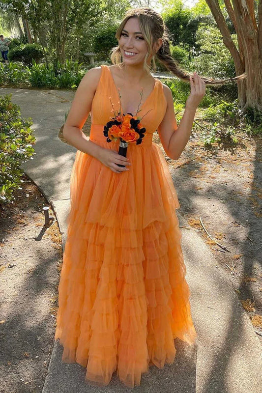 Multi layer low cut A-line long ball dress