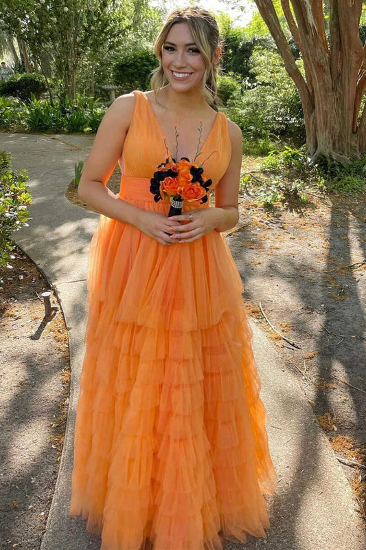 Multi layer low cut A-line long ball dress