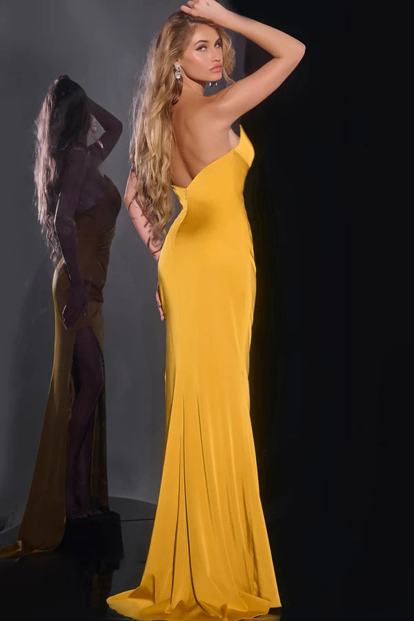 Mustard Yellow Strapless Ruched High Slit Satin Maxi Evening Dresses