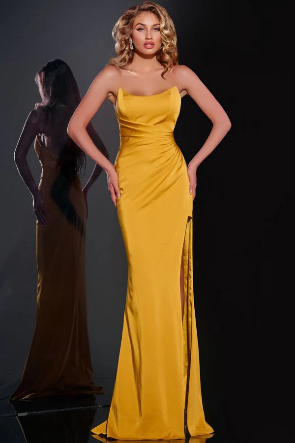 Mustard Yellow Strapless Ruched High Slit Satin Maxi Evening Dresses
