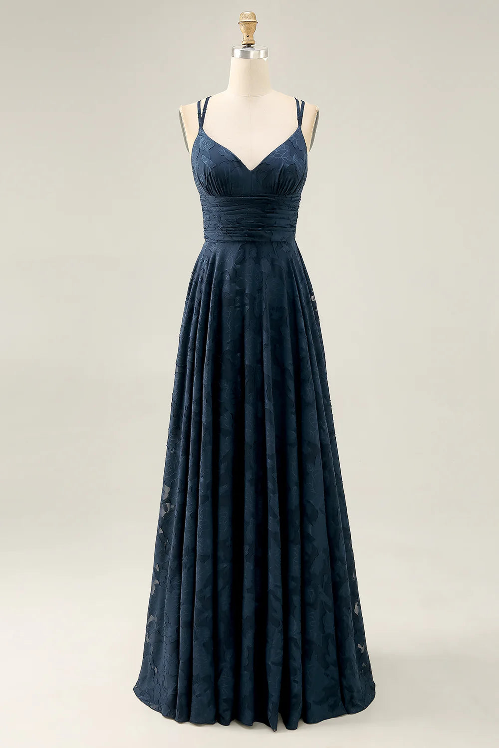 Navy A-Line Spaghetti Straps Ruched Floral Floor Length Dress